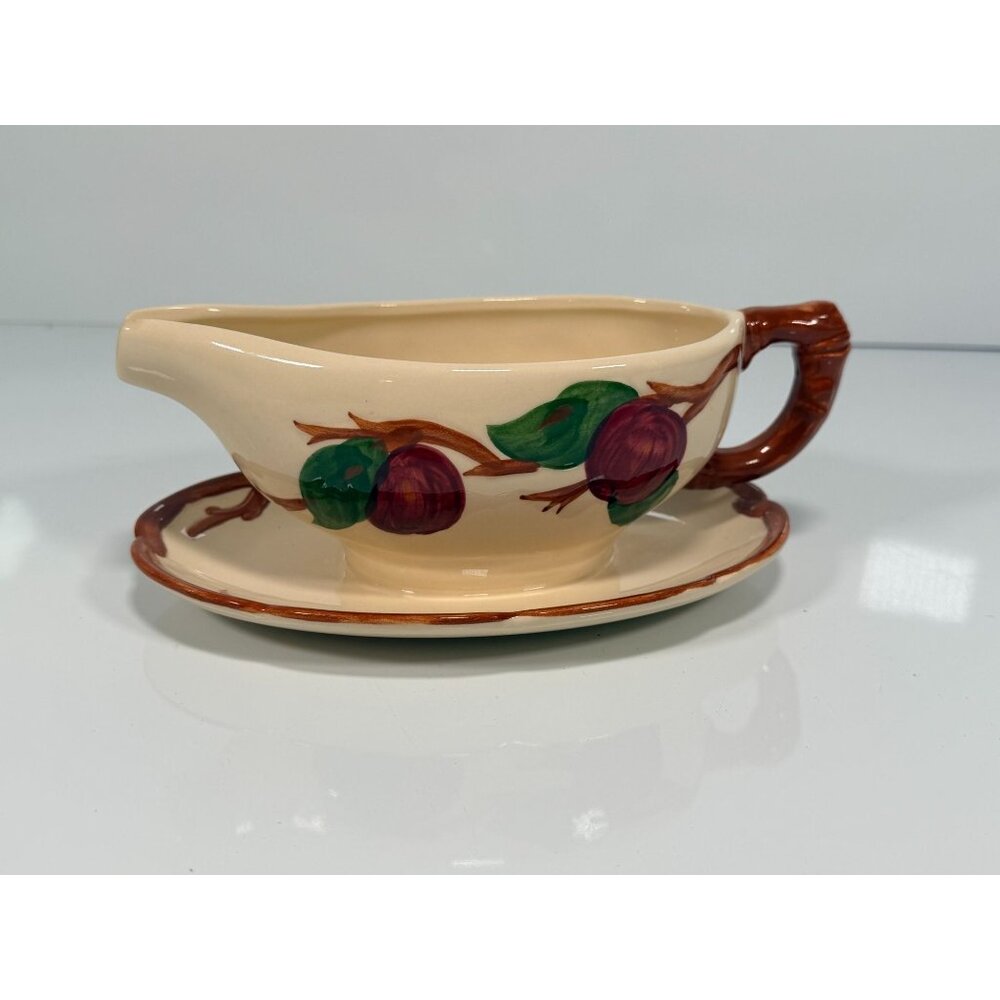 Vintage Franciscan Apple Gravy Boat Ceramic Serving Dish Attached Underplate USA